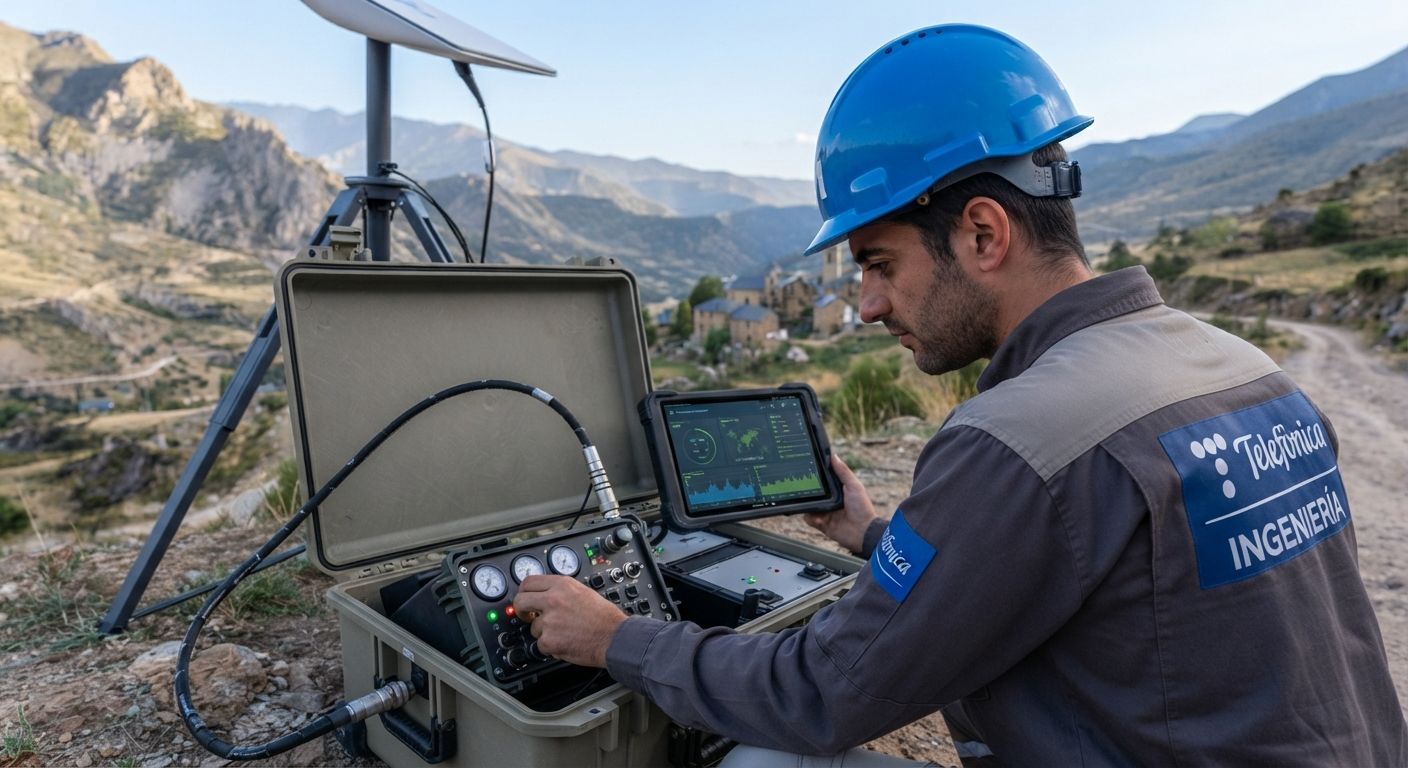 Técnico de Telefónica Ingeniería trabajando con equipos de medición y una antena satelital en un entorno de montaña.