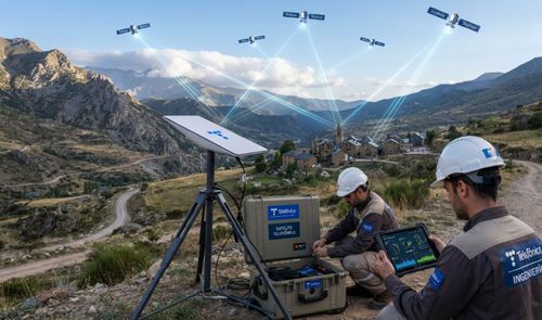Técnicos de Telefónica Ingeniería instalan una antena satelital en una zona de montaña para dar conectividad a un pueblo cercano.