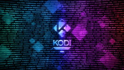 Logotipo de Kodi sobre un fondo digital con lluvia de caracteres y degradado en tonos azules y púrpuras.