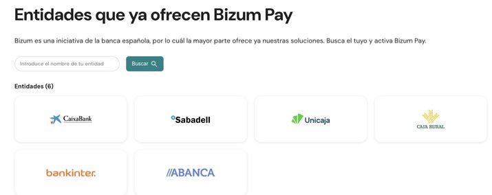 Interfaz de usuario de una página web que muestra el listado de entidades bancarias españolas que ofrecen el servicio Bizum Pay.