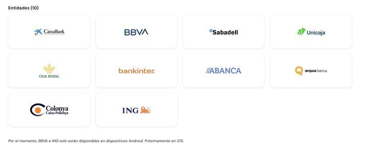 Cuadrícula con logotipos de diez entidades bancarias españolas sobre fondo blanco.