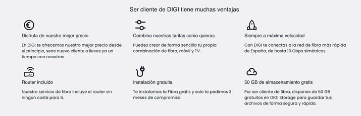 Cuadrícula con seis ventajas comerciales para clientes de DIGI, incluyendo precios, combinaciones de tarifas, velocidad de fibra, router, instalación y almacenamiento en la nube.