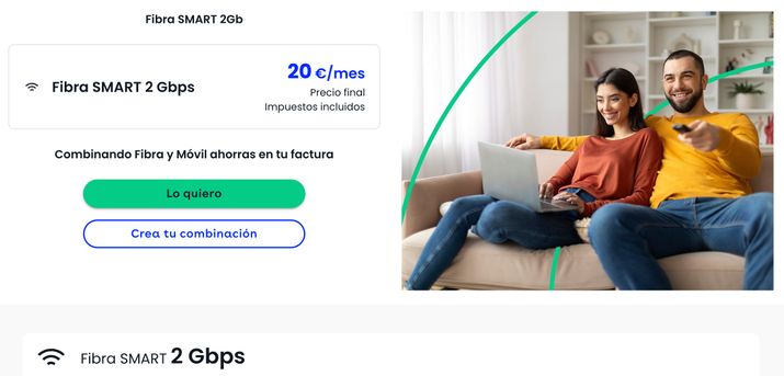 Detalle de oferta comercial de Fibra SMART 2 Gbps por 20 euros al mes con botones de contratación.