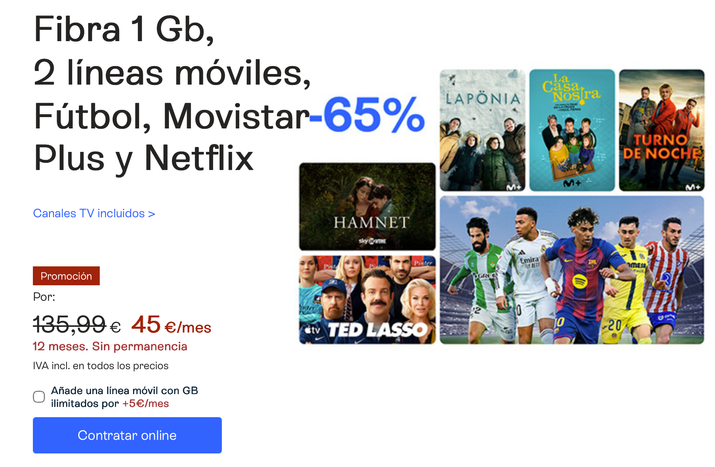 Anuncio publicitario de una oferta combinada de fibra, móvil, fútbol y plataformas de streaming con un descuento del 65 por ciento.
