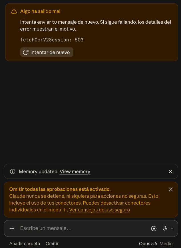 Notificación de error 503 con el mensaje 'Algo ha salido mal' e indicación de fallo en el envío en una interfaz de chat.