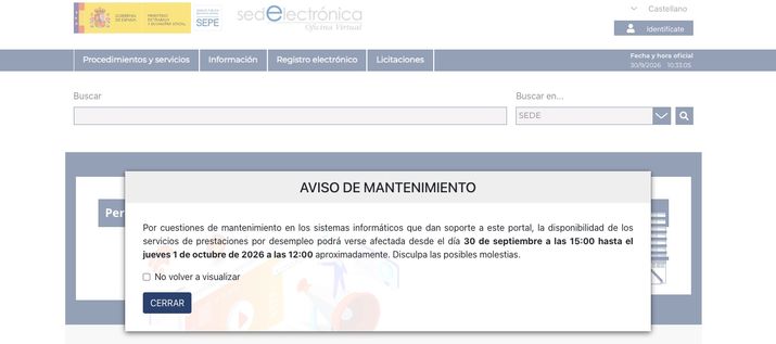 Ventana emergente de aviso de mantenimiento en la sede electrónica del SEPE sobre la disponibilidad de los servicios de prestaciones.