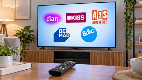 Televisor encendido en un salón que muestra los logotipos de los canales Clan, DKISS, Atreseries, Be Mad y Boing, con un mando a distancia en primer plano sobre la mesa.