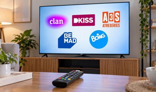 Televisor encendido en un salón que muestra los logotipos de los canales Clan, DKISS, Atreseries, Be Mad y Boing, con un mando a distancia en primer plano sobre la mesa.