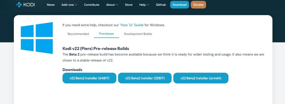 Descarga de Kodi 22 Piers Beta 2