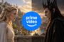 Composición partida con Galadriel en un entorno luminoso y Sauron en uno oscuro, con el logotipo de Prime Video en el centro.