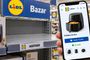 Mano sosteniendo un teléfono móvil con la tienda online de Lidl abierta mostrando una freidora de aire frente a un estante de supermercado vacío con el cartel de agotado.