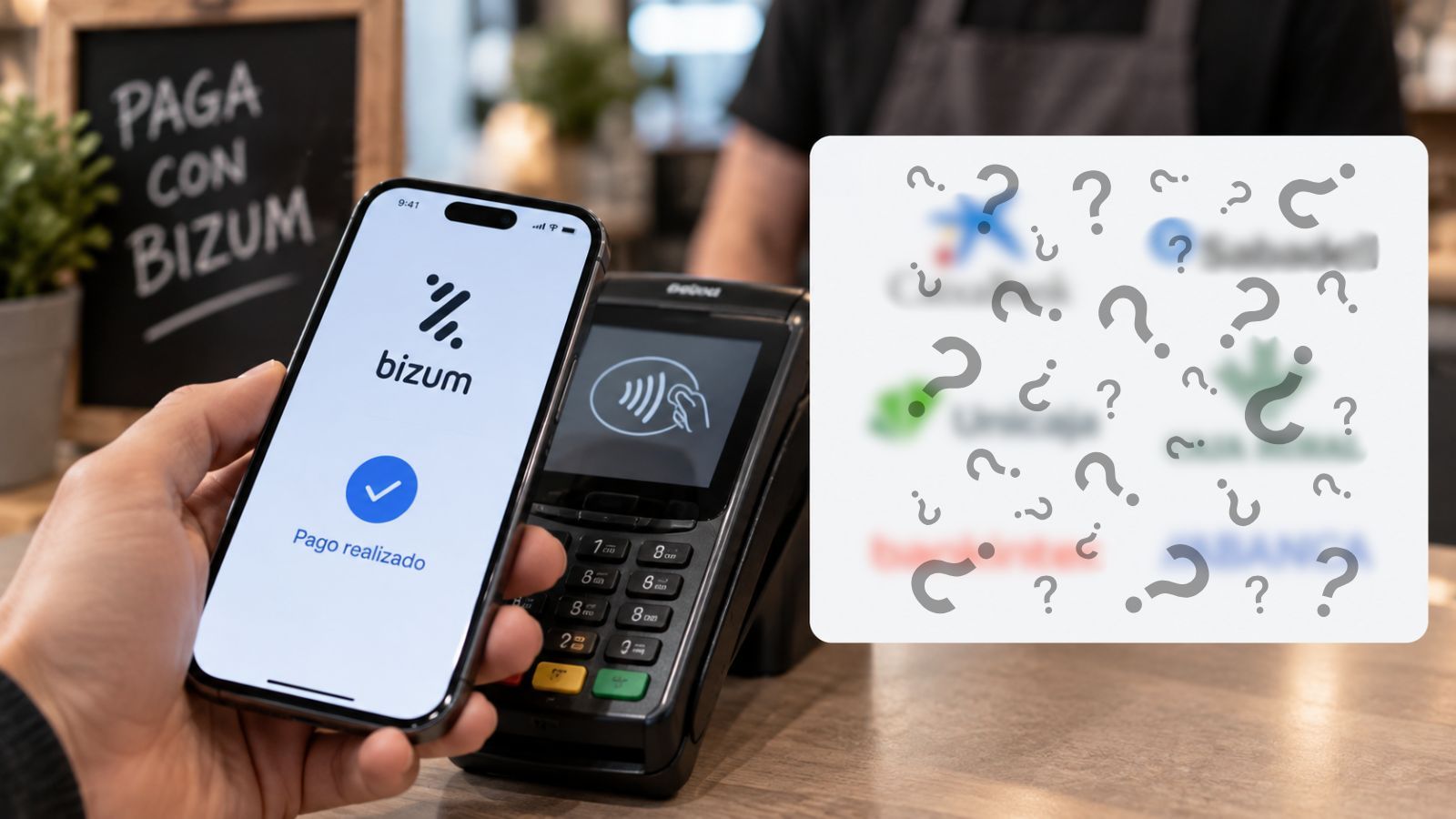 Teléfono móvil con la aplicación Bizum mostrando un pago realizado sobre un datáfono en un comercio.