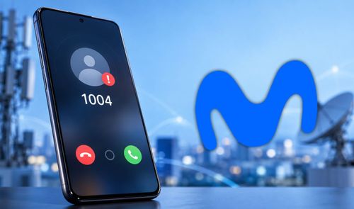 Smartphone mostrando una llamada entrante del número 1004 sobre un fondo con el logotipo de Movistar y antenas de telecomunicaciones.