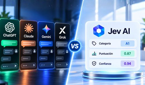 Comparativa entre ChatGPT, Claude, Gemini y Grok frente a la interfaz de Jev AI con métricas de categoría, puntuación y confianza.