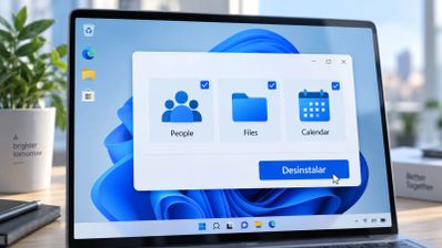 Interfaz de sistema operativo en un portátil con una ventana emergente para desinstalar aplicaciones como Contactos, Archivos y Calendario identificada como 24T094533.