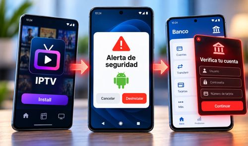 Tres smartphones muestran el proceso de una amenaza de seguridad desde una app de IPTV hasta el robo de datos bancarios.