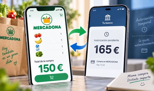 Comparativa entre el carrito de la compra en la aplicación de Mercadona y una autorización bancaria con diferentes importes.