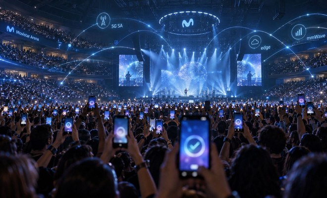 Público en un estadio multitudinario con teléfonos móviles iluminados y gráficos superpuestos de conectividad 5G SA y Movistar Arena.