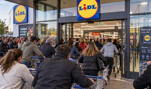 Multitud de clientes con carritos de la compra esperando en la entrada de un supermercado Lidl, identificador 25T134422.