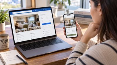 Mujer consultando una página web de reservas de hoteles en un ordenador portátil y un teléfono móvil de forma simultánea.