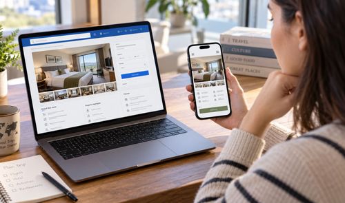 Mujer consultando una página web de reservas de hoteles en un ordenador portátil y un teléfono móvil de forma simultánea.