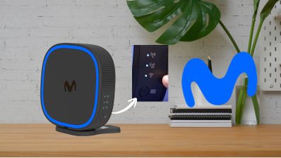 Amplificador WiFi 7 de Movistar sobre una mesa de madera con detalle de los indicadores LED laterales.