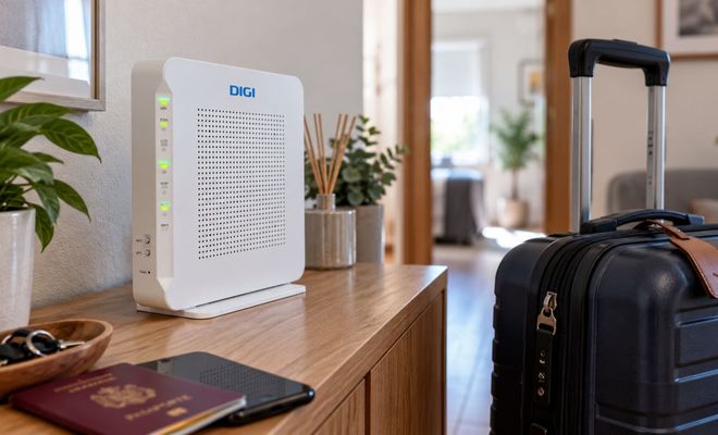 Router de fibra de la operadora DIGI en el aparador de una vivienda junto a una maleta de viaje.