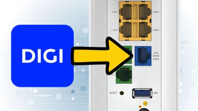 Logotipo de DIGI junto al panel trasero de conexiones de un router con puerto 10G WAN y LAN.