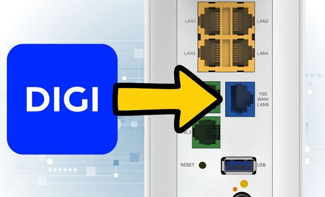 Logotipo de DIGI junto al panel trasero de conexiones de un router con puerto 10G WAN y LAN.