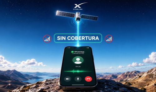 Ilustración de un teléfono móvil recibiendo señal de un satélite Starlink en una zona de montaña sin cobertura terrestre.