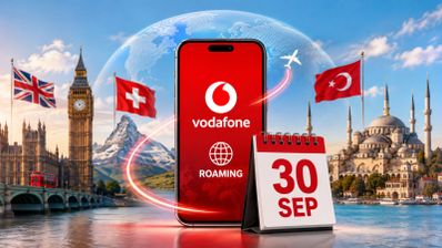 Ilustración de un smartphone con el logotipo de Vodafone Roaming rodeado de monumentos de Reino Unido, Suiza y Turquía junto a un calendario.