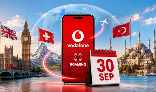 Ilustración de un smartphone con el logotipo de Vodafone Roaming rodeado de monumentos de Reino Unido, Suiza y Turquía junto a un calendario.