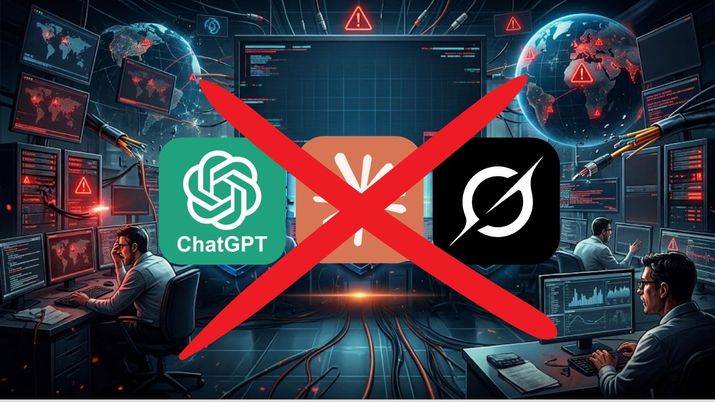 Logotipos de ChatGPT, Claude y Copilot tachados con una X roja sobre un centro de control informático con alertas de seguridad.