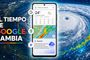 Interfaz móvil que muestra información meteorológica de Google, un mapa de radar y avisos de Gemini sobre un fondo satelital de un huracán.