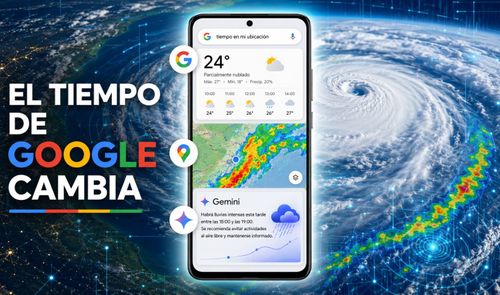 Interfaz móvil que muestra información meteorológica de Google, un mapa de radar y avisos de Gemini sobre un fondo satelital de un huracán.