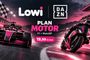 Cartel publicitario de Lowi y DAZN sobre el Plan Motor con un monoplaza de F1 y una moto de competición en circuito.
