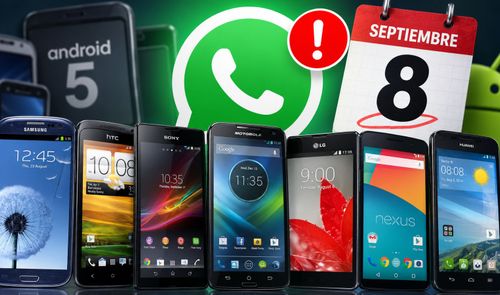 Composición de varios teléfonos móviles antiguos con el logo de WhatsApp, un aviso de alerta y un calendario marcando el 8 de septiembre.