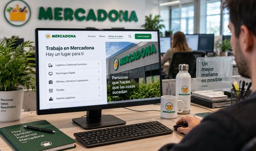 Persona frente a un ordenador que muestra el portal de empleo de Mercadona en una oficina corporativa.