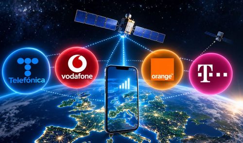 Ilustración de conexión por satélite con un teléfono móvil y logotipos de Telefónica, Vodafone, Orange y Deutsche Telekom sobre el mapa de Europa.