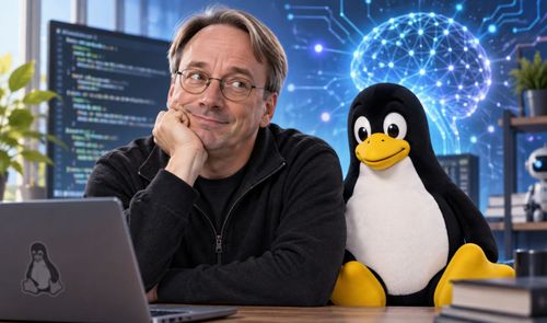 Linus Torvalds junto al pingüino Tux frente a un ordenador con fondo de red neuronal