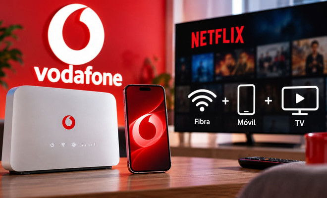 Router y teléfono móvil de Vodafone junto a un televisor con la aplicación de Netflix y símbolos de fibra y televisión.