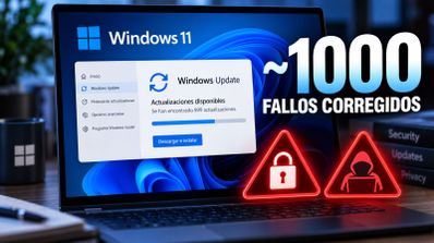 Interfaz de Windows Update en un ordenador portátil con avisos de seguridad y corrección de errores.