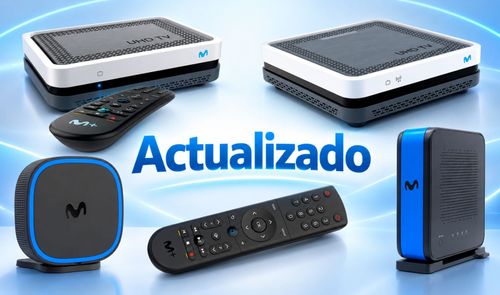 Conjunto de dispositivos Movistar con decodificadores UHD, router y mando a distancia sobre fondo azul con el texto Actualizado