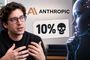 Dario Amodei, CEO de Anthropic, junto al logotipo de la empresa y una representación de inteligencia artificial con un icono de calavera y el texto 10 por ciento.