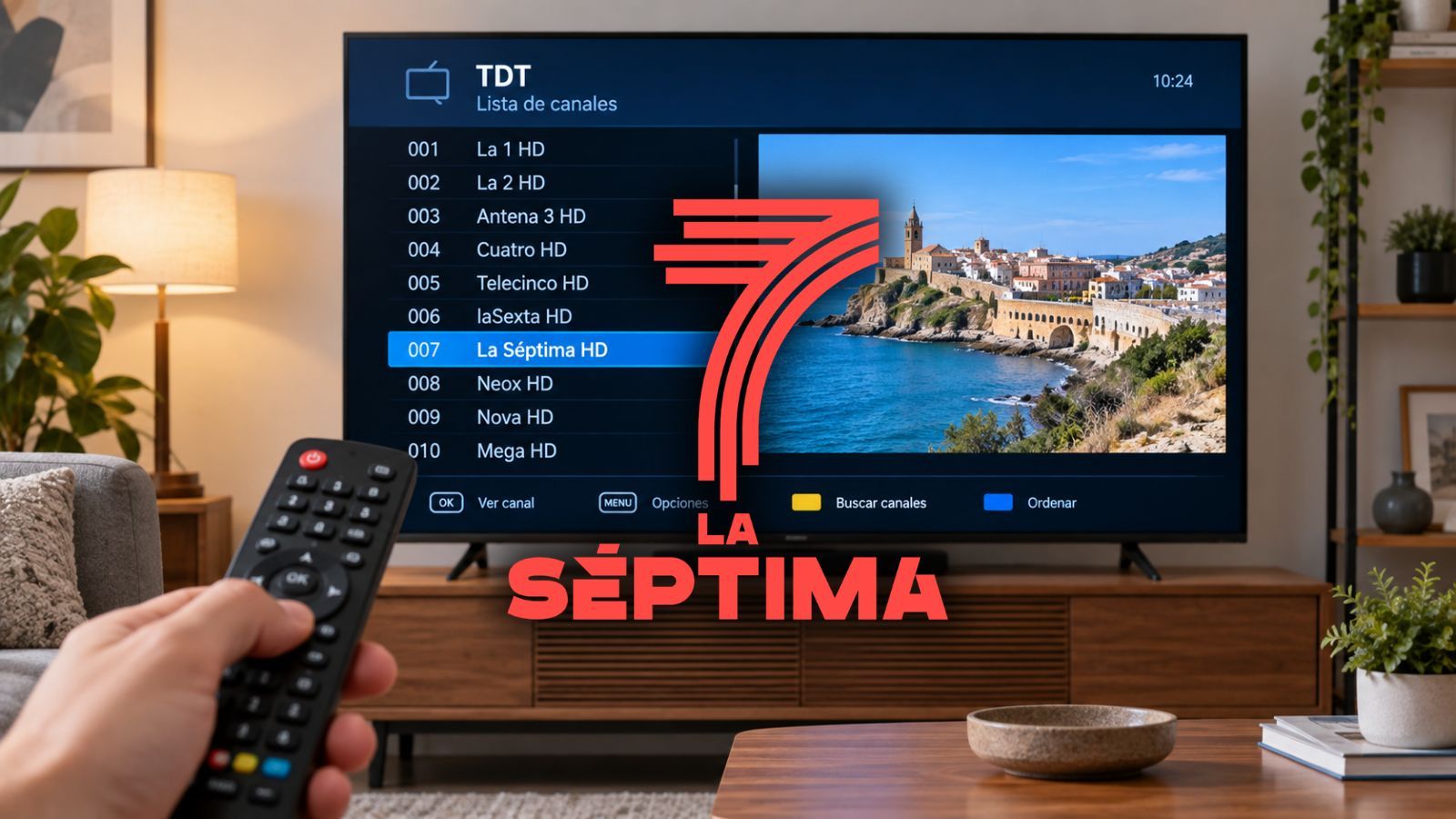 Mano con mando a distancia apuntando a un televisor con la lista de canales TDT y el logotipo de La Séptima sobreimpresionado