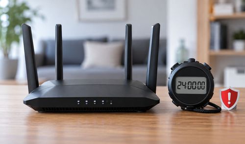 Router inalámbrico negro con cuatro antenas junto a un cronómetro digital que marca 24 horas y un icono de escudo de alerta sobre una mesa de madera.