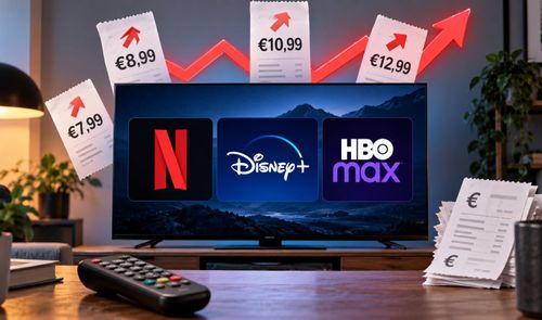 Televisor mostrando logotipos de Netflix, Disney+ y HBO Max con facturas y flechas de subida de precio