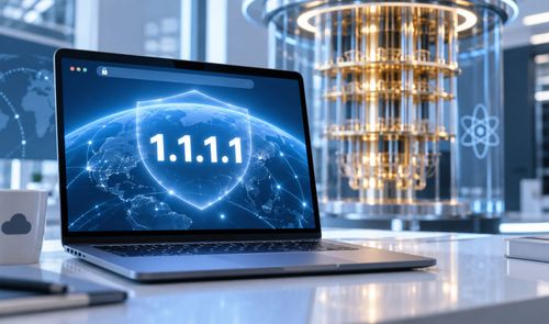 Ordenador portátil mostrando el logo de DNS 1.1.1.1 con un escudo de seguridad sobre un mapamundi digital en un entorno tecnológico.