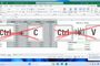 Interfaz de Microsoft Excel con los atajos Ctrl+C y Ctrl+V tachados sobre una tabla de ingresos y gastos.