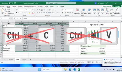 Interfaz de Microsoft Excel con los atajos Ctrl+C y Ctrl+V tachados sobre una tabla de ingresos y gastos.